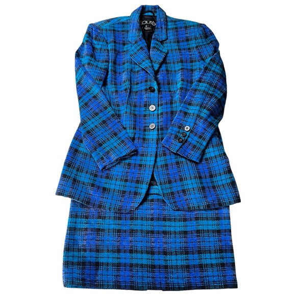 Laurel by ESCADA Plaid Blue Wool 2 Piece Skirt Suit Size 38 - Picture 2 of 16